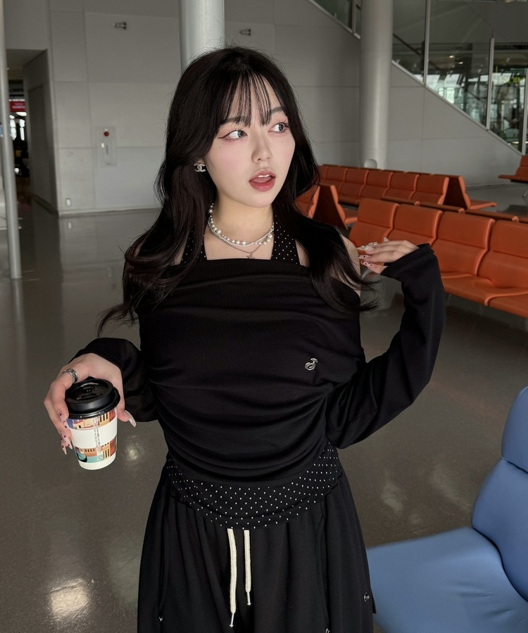【✔기획】도트 레이어드 오프숄더 탑 블랙