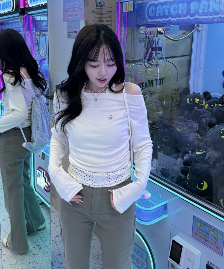 【✔기획】도트 레이어드 오프숄더 탑 크림