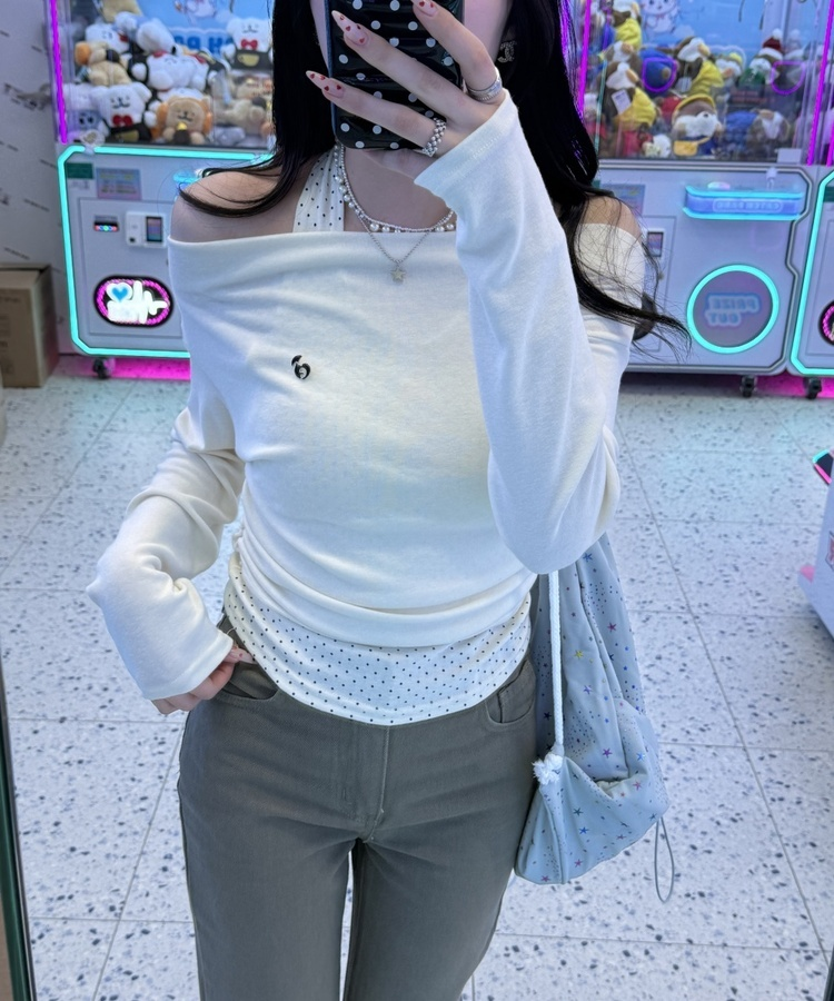 【✔기획】도트 레이어드 오프숄더 탑 크림