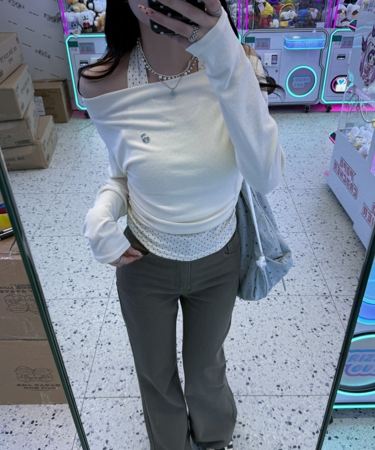 【✔기획】도트 레이어드 오프숄더 탑 크림