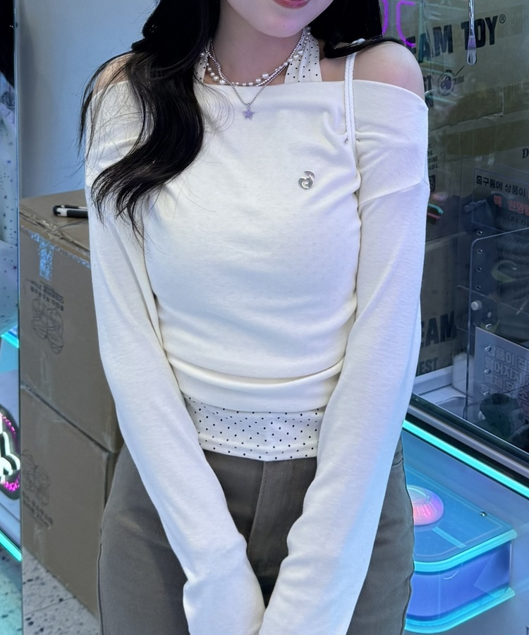 【✔기획】도트 레이어드 오프숄더 탑 크림