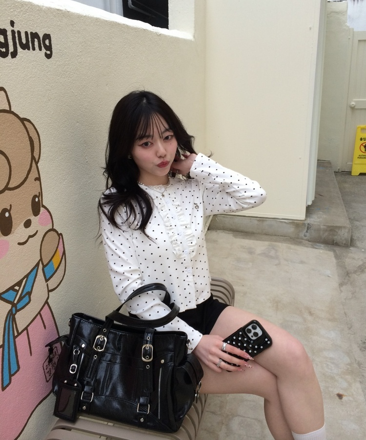 【✔기획】도트 프릴 가디건 아이보리