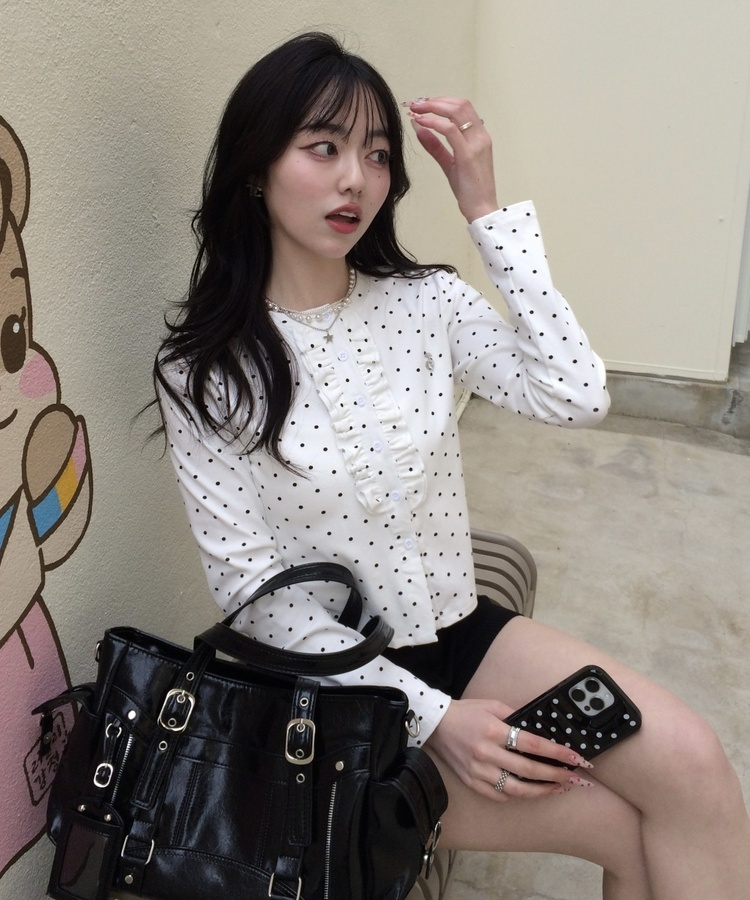 【✔기획】도트 프릴 가디건 아이보리