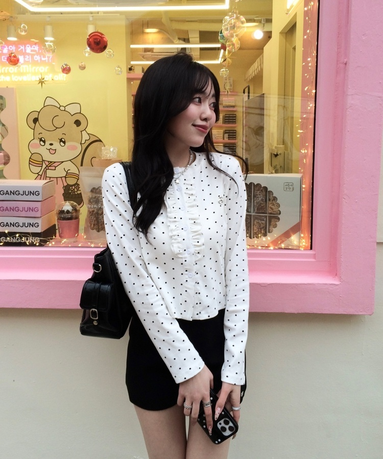 【✔기획】도트 프릴 가디건 아이보리