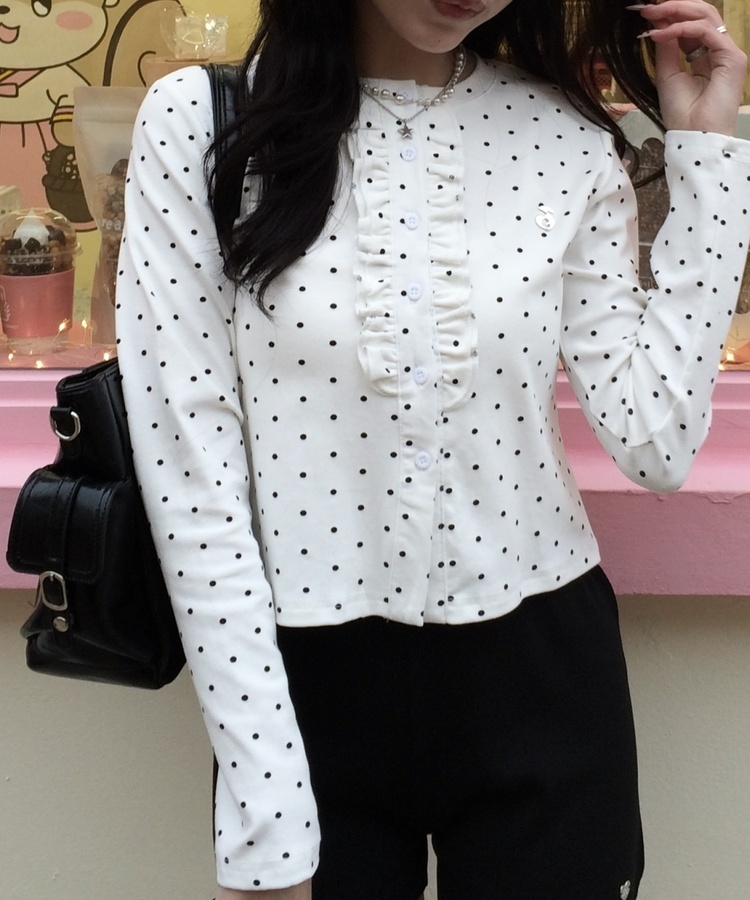 【✔기획】도트 프릴 가디건 아이보리