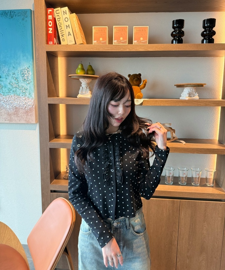 【✔기획】도트 프릴 가디건 블랙