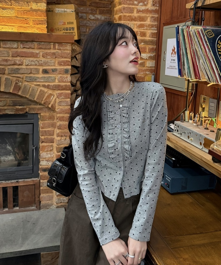 【✔기획】도트 프릴 가디건 그레이
