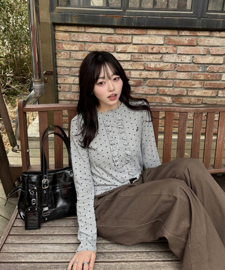 【✔기획】도트 프릴 가디건 그레이