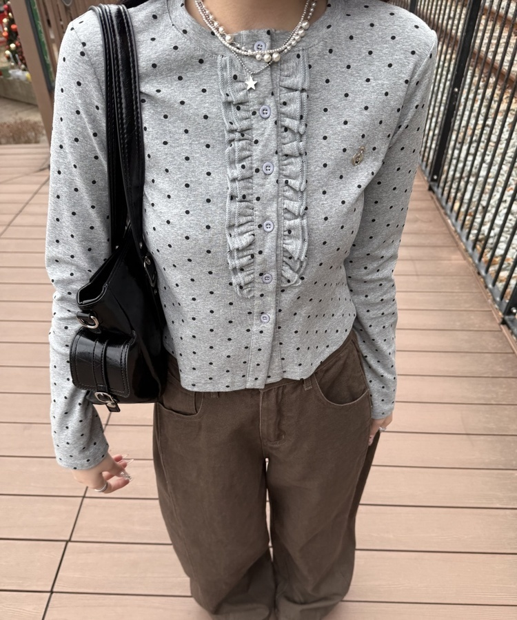 【✔기획】도트 프릴 가디건 그레이