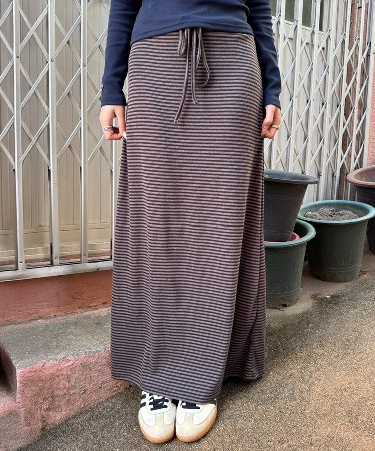 ストライプバンディングマキシスカート BROWN