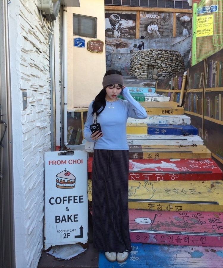 ストライプバンディングマキシスカート BROWN