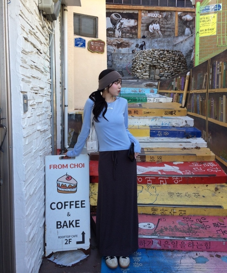 ストライプバンディングマキシスカート BROWN