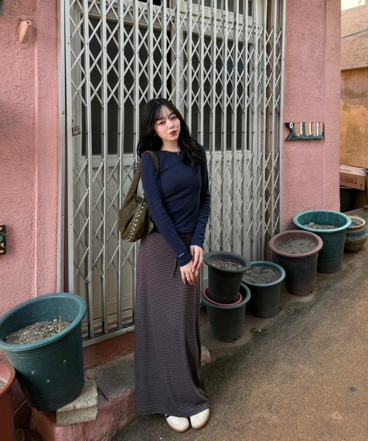 ストライプバンディングマキシスカート BROWN