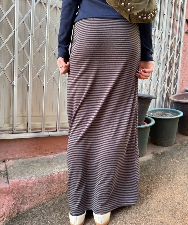 ストライプバンディングマキシスカート BROWN