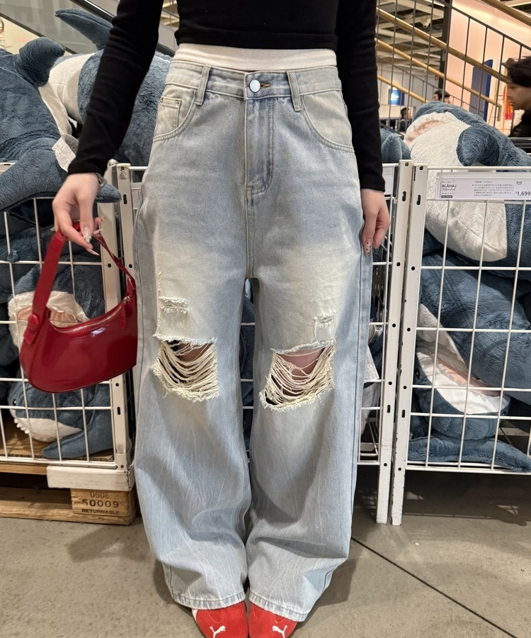 데미지 데님 스트레이트 팬츠 아이스연청