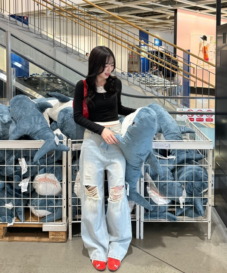 데미지 데님 스트레이트 팬츠 아이스연청