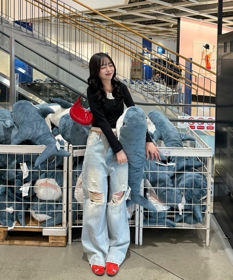 데미지 데님 스트레이트 팬츠 아이스연청