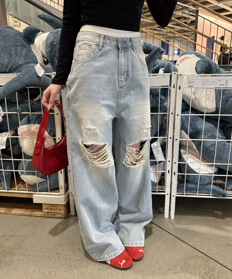 데미지 데님 스트레이트 팬츠 아이스연청