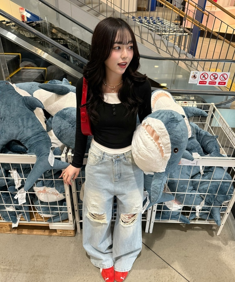 데미지 데님 스트레이트 팬츠 아이스연청