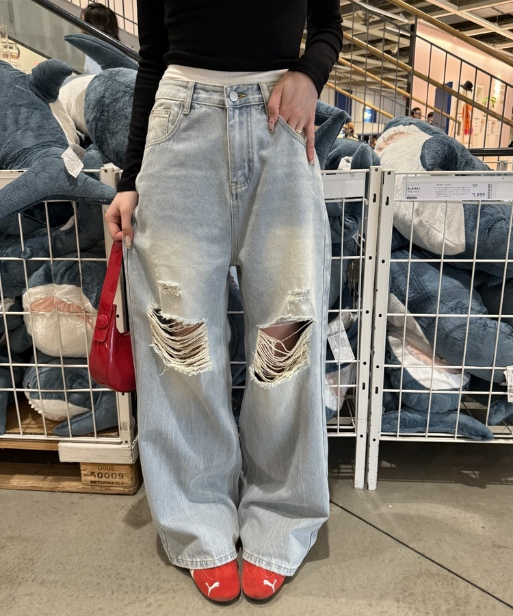 데미지 데님 스트레이트 팬츠 아이스연청