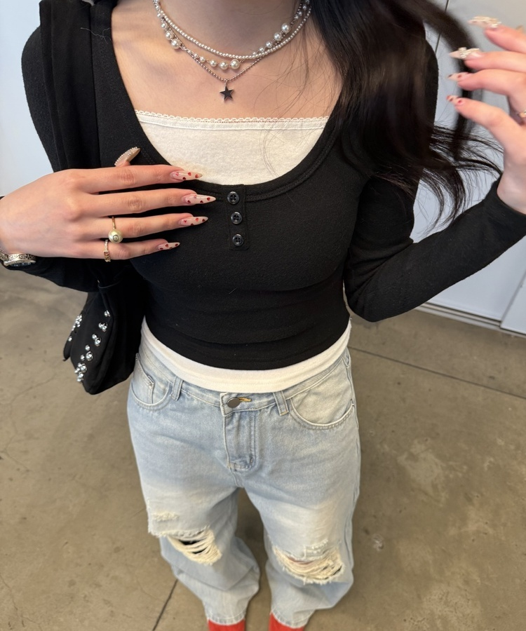 데미지 데님 스트레이트 팬츠 아이스연청