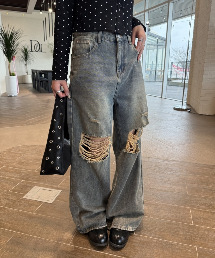 데미지 데님 스트레이트 팬츠 빈티지청