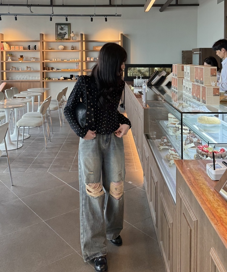 데미지 데님 스트레이트 팬츠 빈티지청