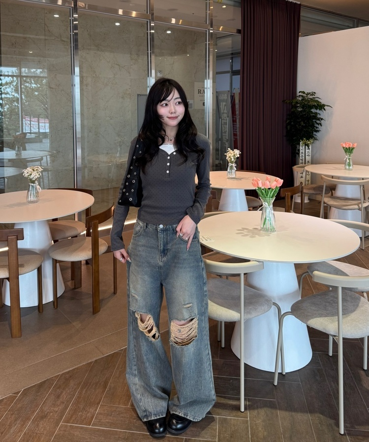 데미지 데님 스트레이트 팬츠 빈티지청