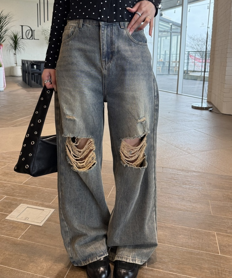 데미지 데님 스트레이트 팬츠 빈티지청