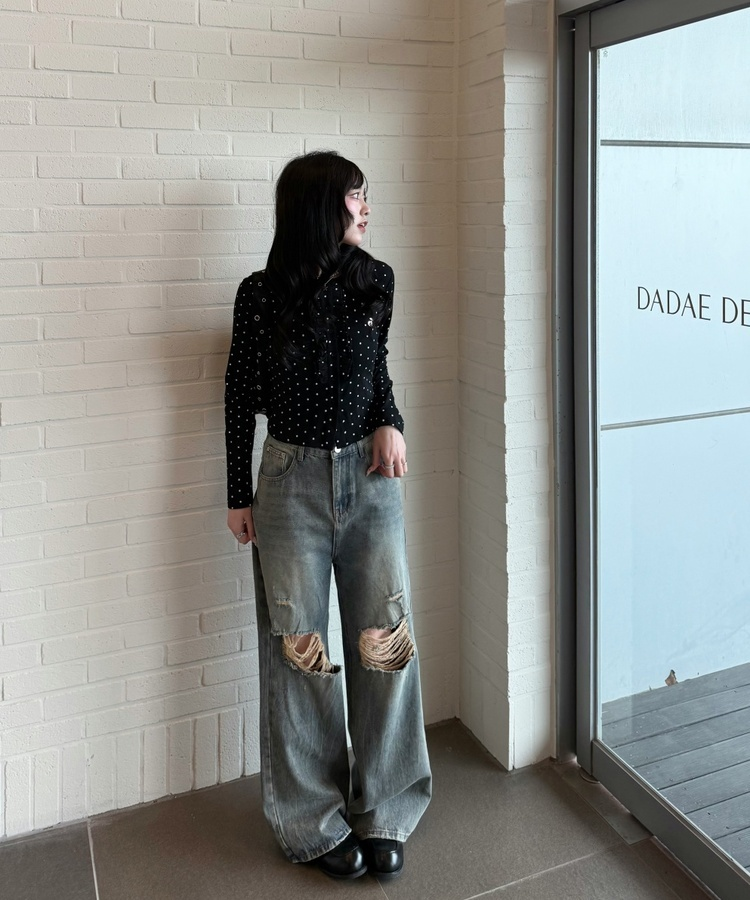 데미지 데님 스트레이트 팬츠 빈티지청