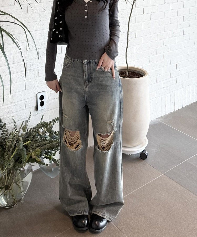 데미지 데님 스트레이트 팬츠 빈티지청