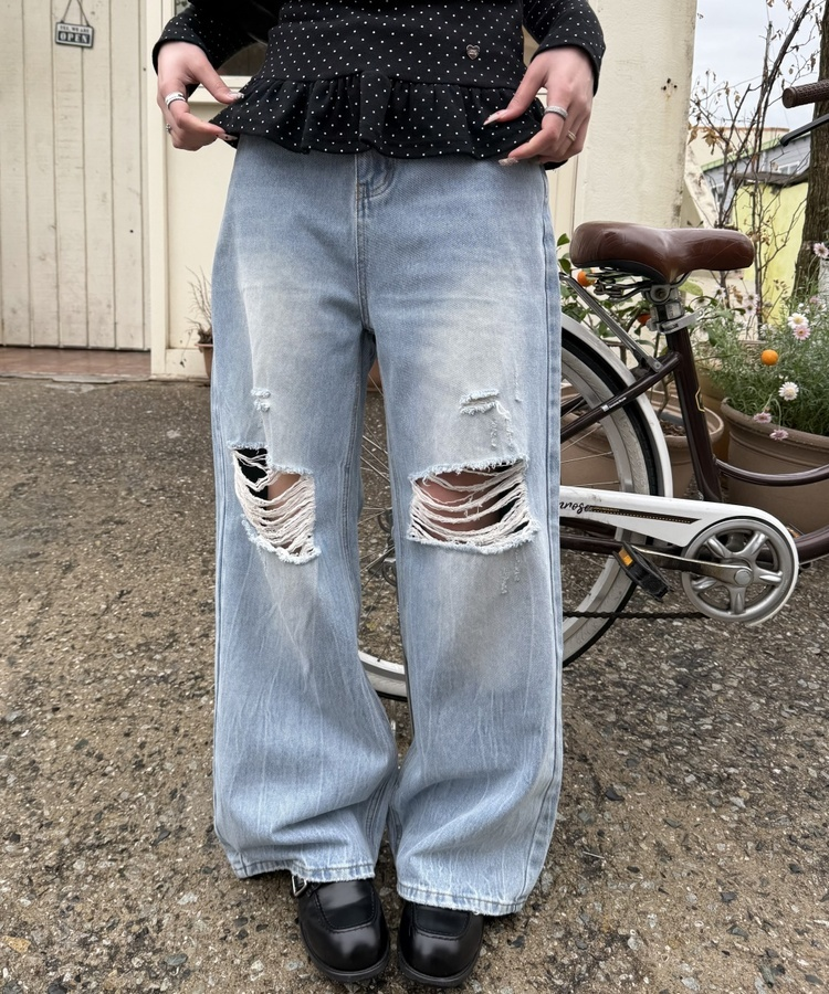 데미지 데님 스트레이트 팬츠 연청