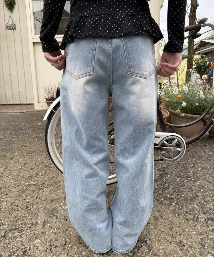 데미지 데님 스트레이트 팬츠 연청