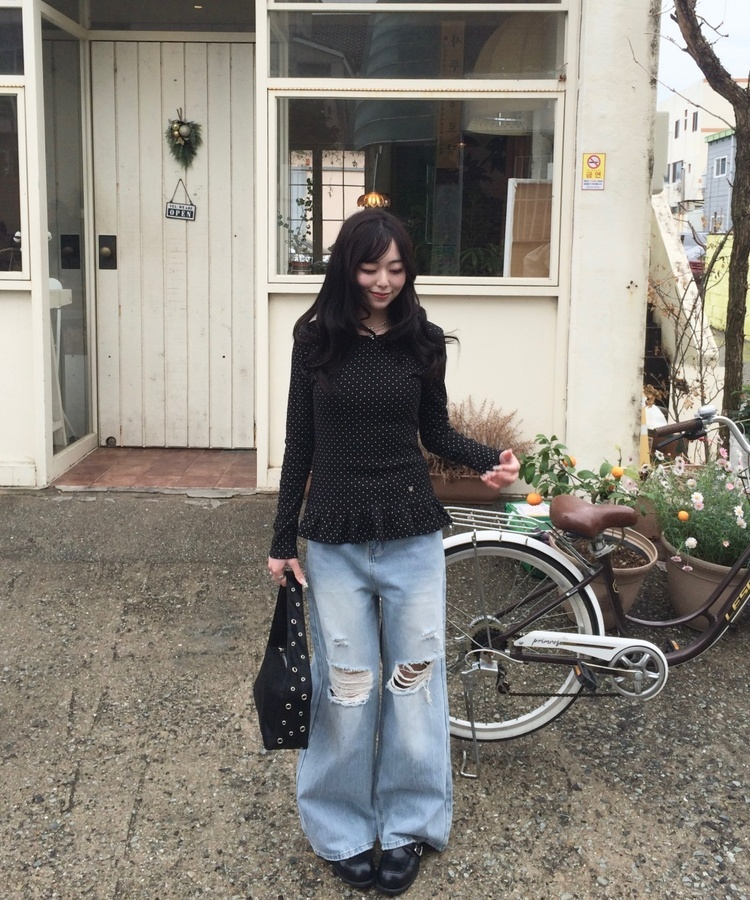 데미지 데님 스트레이트 팬츠 연청