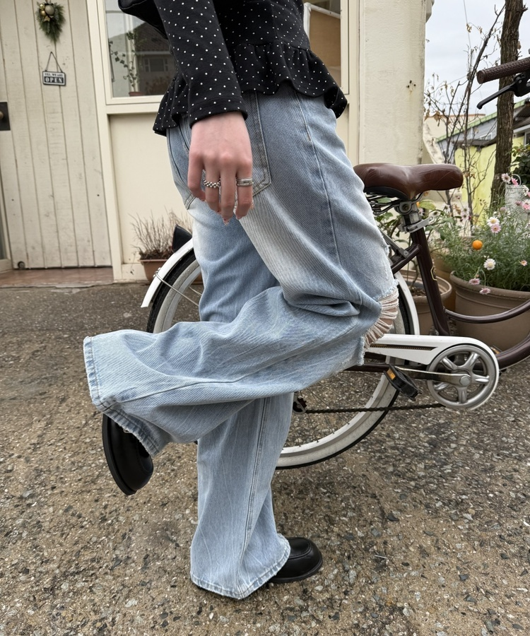 데미지 데님 스트레이트 팬츠 연청