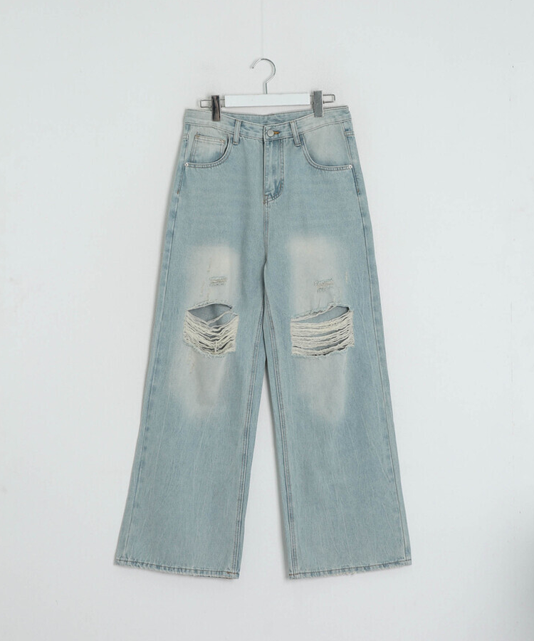 데미지 데님 스트레이트 팬츠