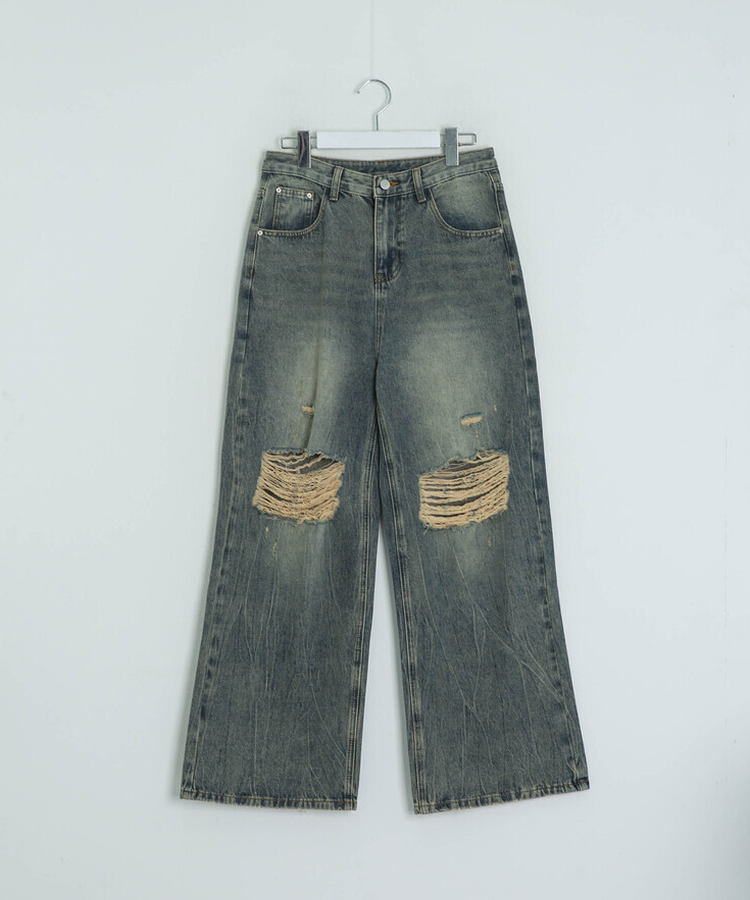 데미지 데님 스트레이트 팬츠