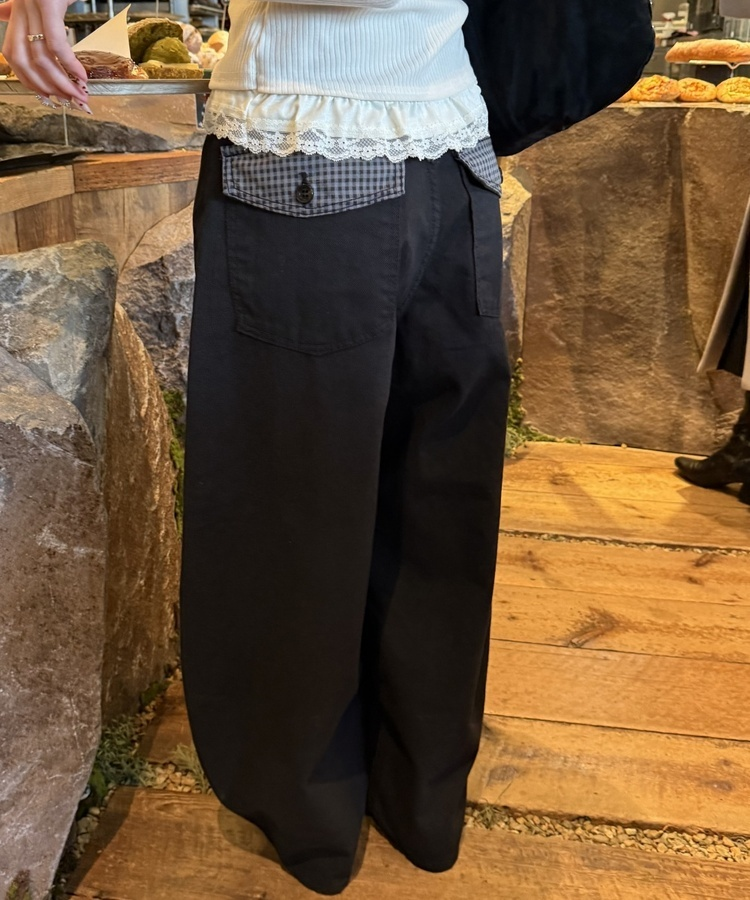 포켓 체크 포인트 와이드 팬츠 블랙