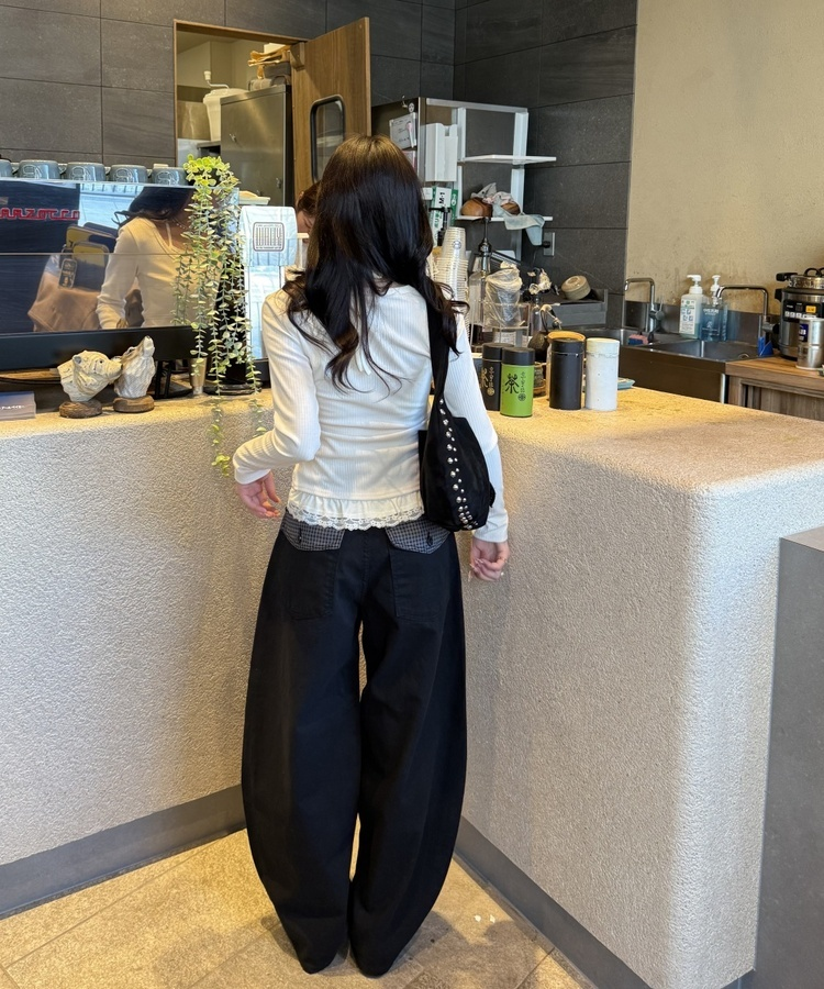 포켓 체크 포인트 와이드 팬츠 블랙