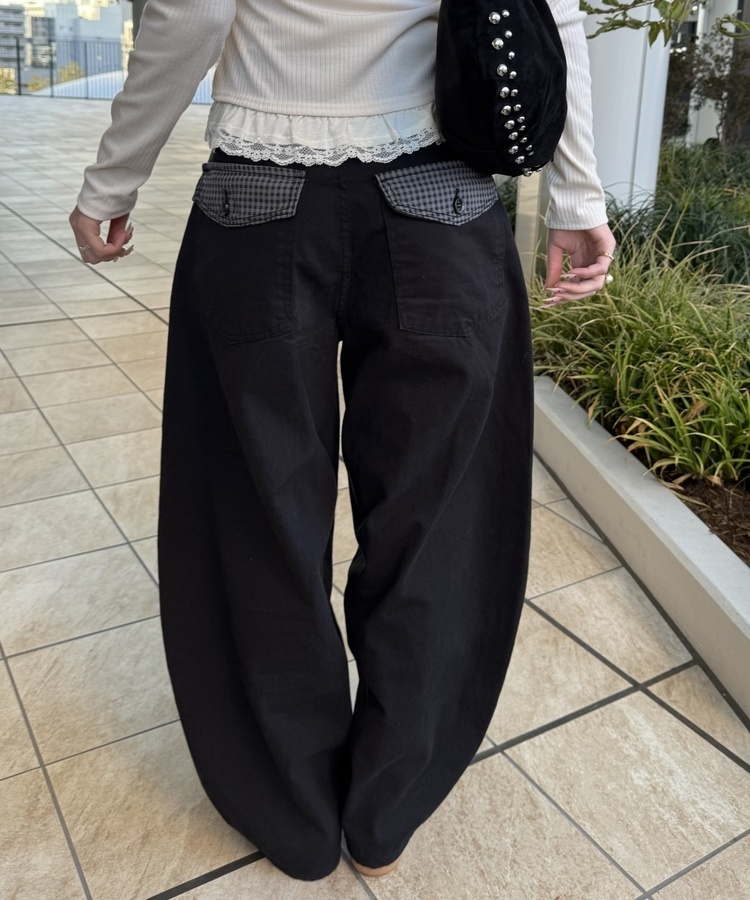 포켓 체크 포인트 와이드 팬츠 블랙