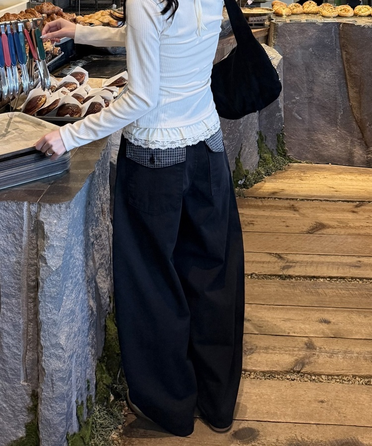 포켓 체크 포인트 와이드 팬츠 블랙