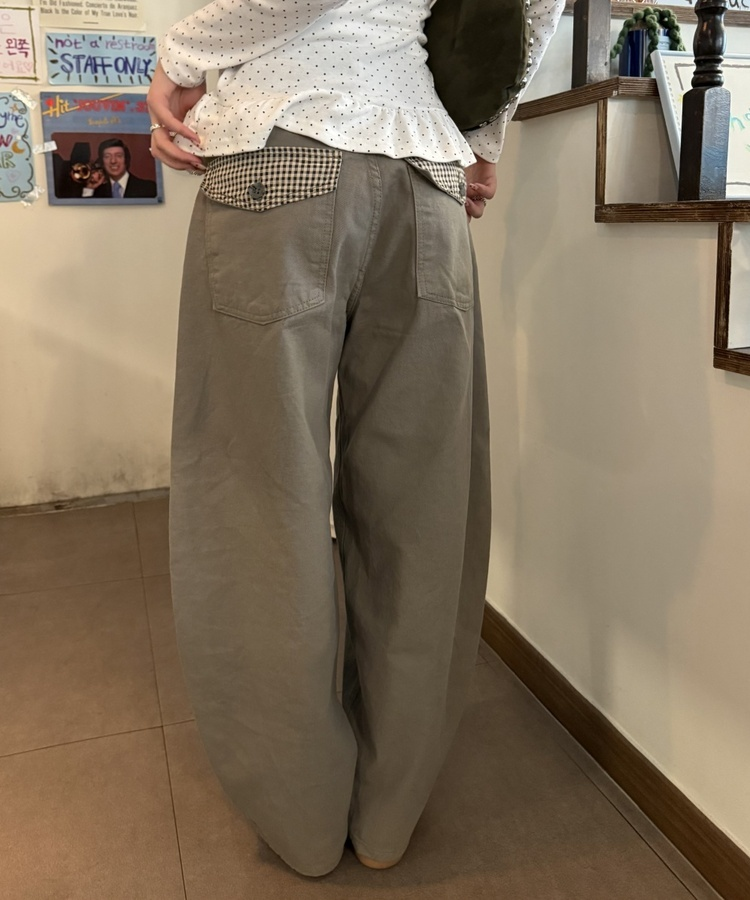 포켓 체크 포인트 와이드 팬츠 카키