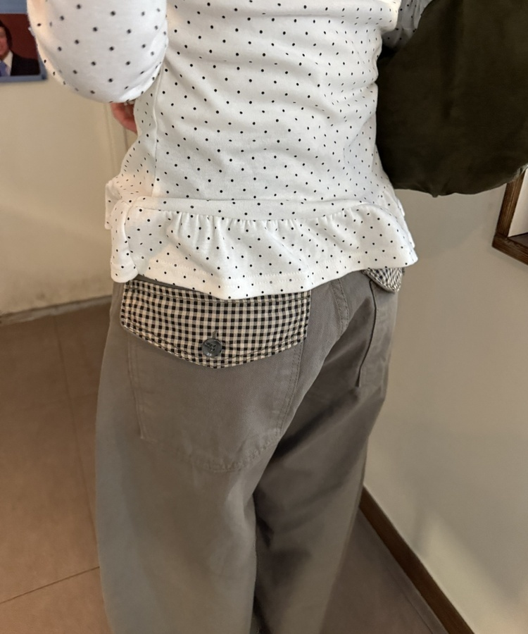 포켓 체크 포인트 와이드 팬츠 카키