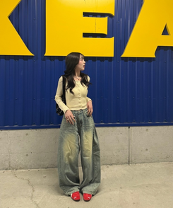 【可愛すぎるカラー♥】丈別ヴィンテージウォッシングワイドデニムパンツ MID BLUE