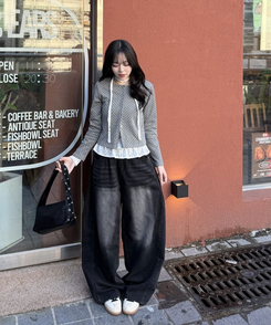 【可愛すぎるカラー♥】丈別ヴィンテージウォッシングワイドデニムパンツ BLACK