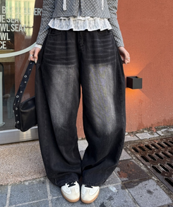 【可愛すぎるカラー♥】丈別ヴィンテージウォッシングワイドデニムパンツ BLACK