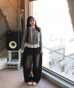 【可愛すぎるカラー♥】丈別ヴィンテージウォッシングワイドデニムパンツ BLACK