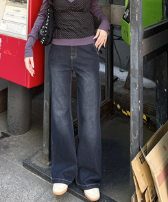 【丈別♥】ブーツカットワイドデニムパンツ BLACK DENIM