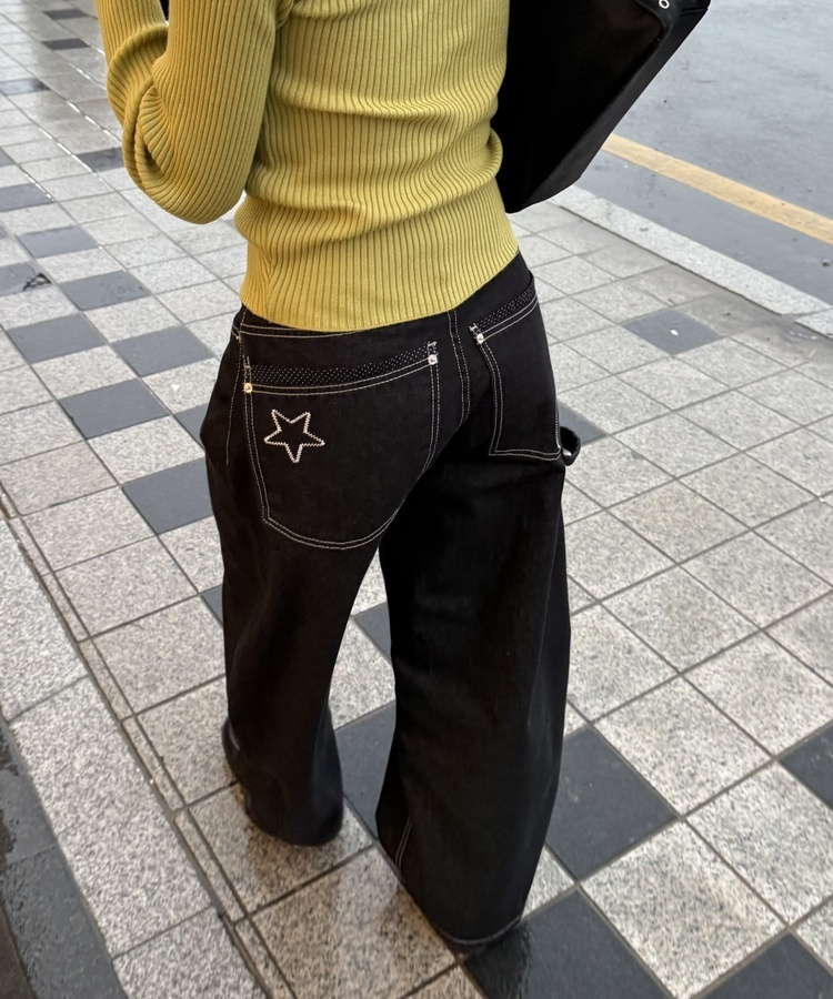 포켓 포인트 와이드 데님 팬츠 블랙