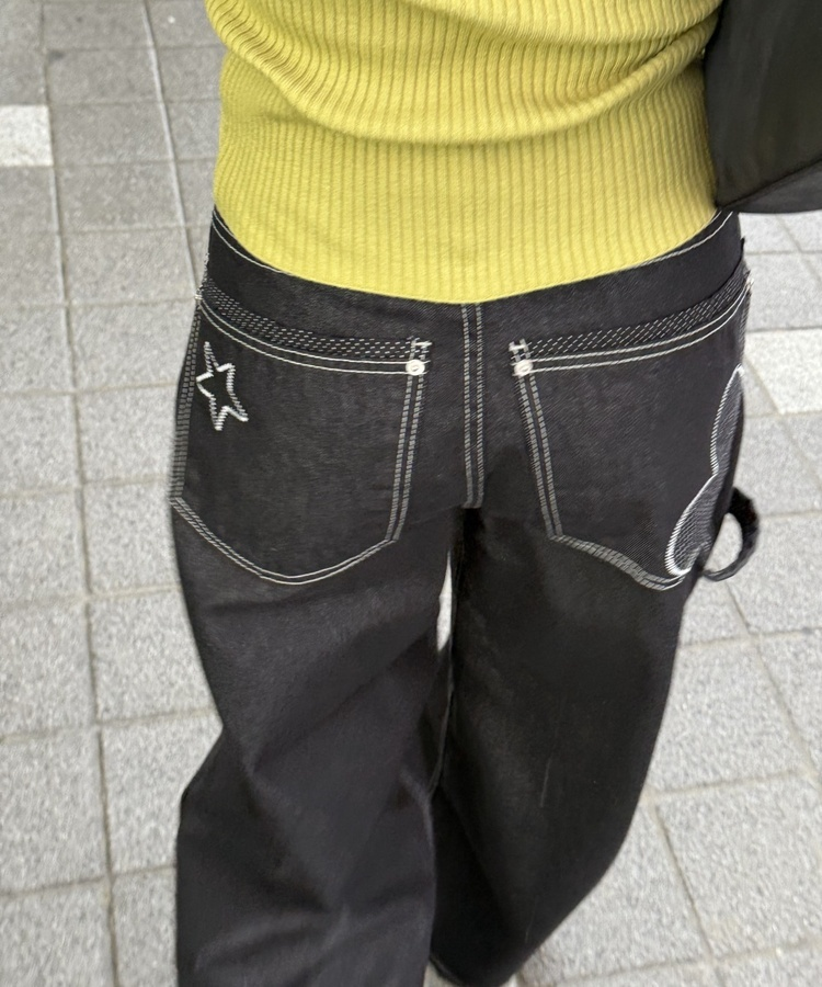 포켓 포인트 와이드 데님 팬츠 블랙